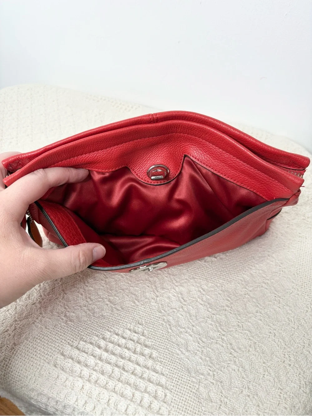 Coach Red Park Leather Large Clutch F49481 Vermillion Silver Wristlet Pouch